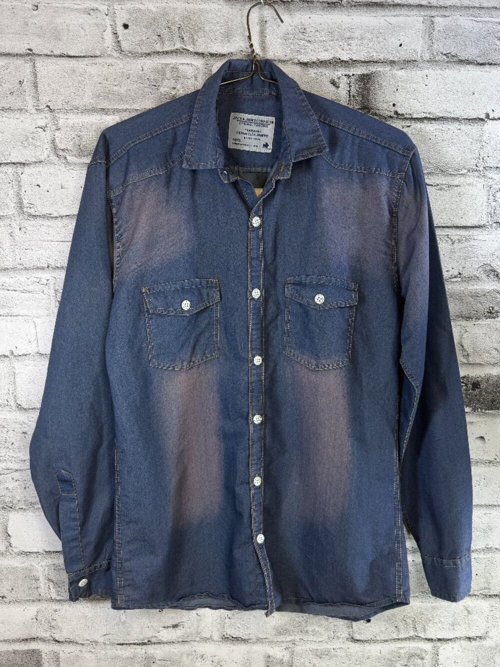Jack & Jones Men's XL Acid Wash Denim Button Down Long Sleeve Shirt Workwear